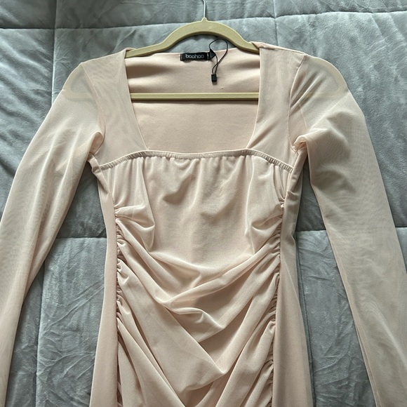 Square Neck Ruched Mesh Bodycon Dress - Picture 2 of 4